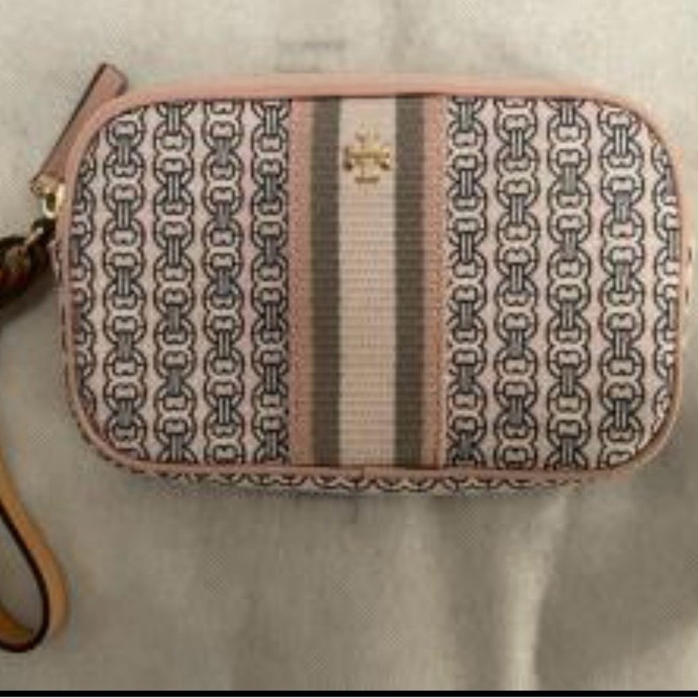 Tory Burch Pink Logo-Print Wristlet with Tan Trim